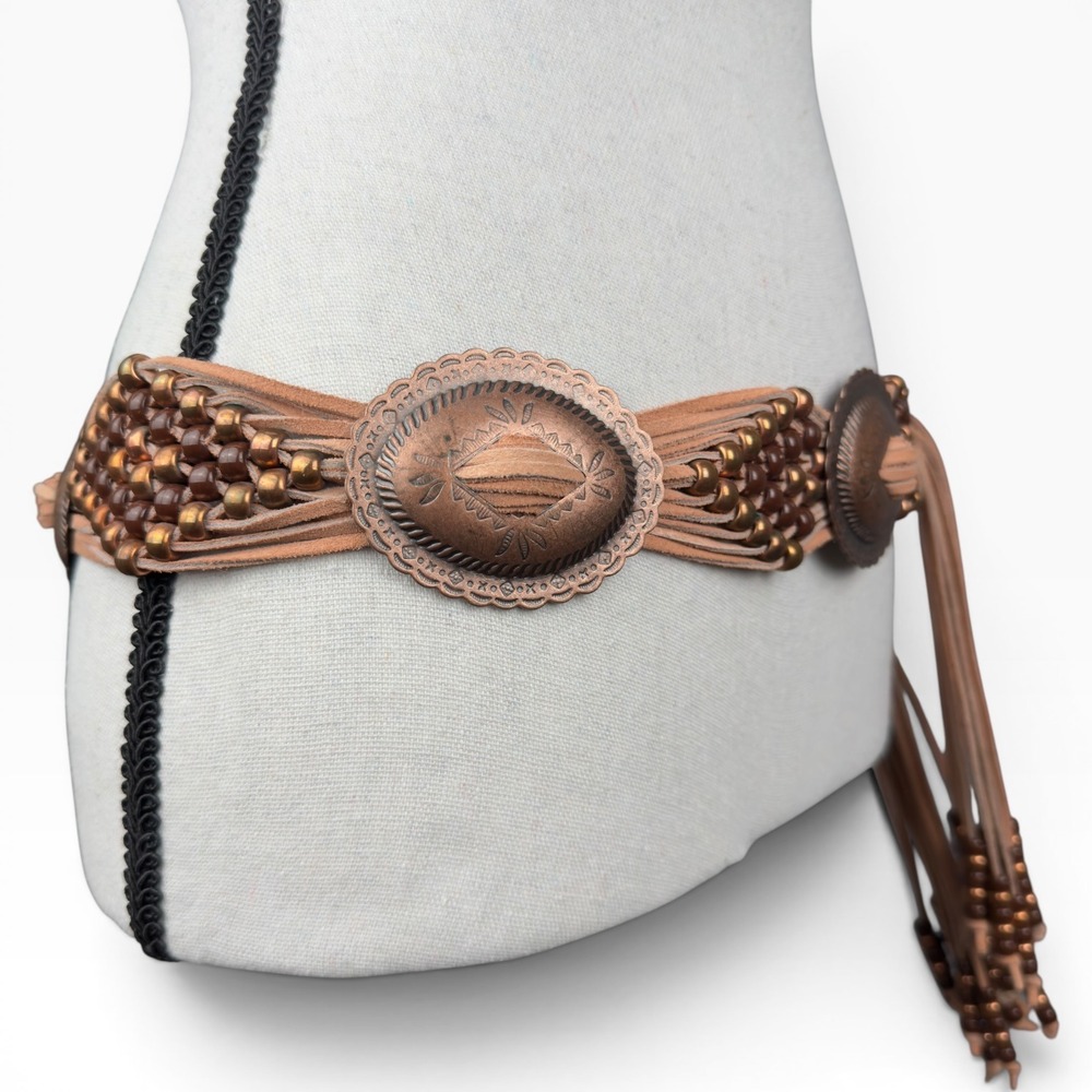 Concho Beaded Leather Waist Belt Womens OS Tan  Western Boho Hippie Fringe Tie - Picture 5 of 7